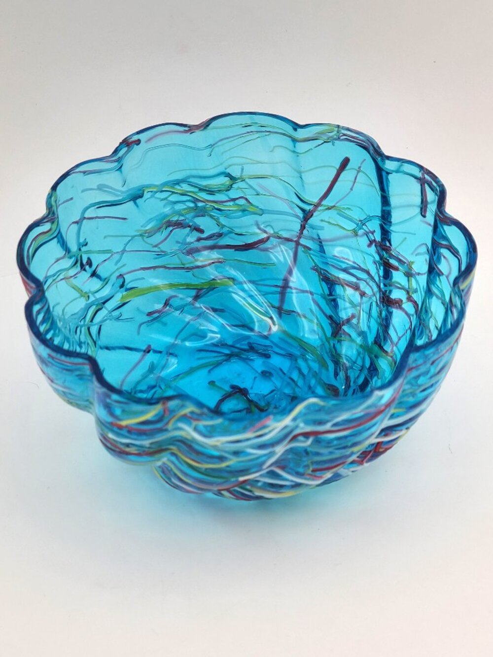 Blue Multicolor Peloton Confetti Art Glass Bowl Scalloped 4.5" Diameter